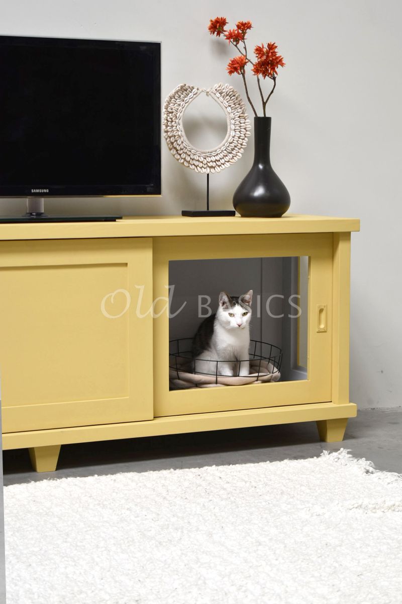 Detail van Dressoir Bordeaux Novi, 3 deuren, RAL1002, geel, materiaal hout